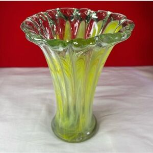 Handblown Glass Petal Vase Daffodil Yellow White Stretched Art Vintage